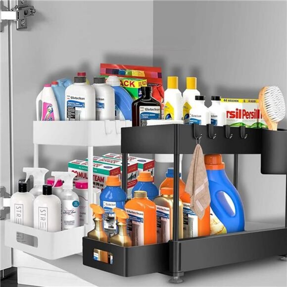 2-Tier Pull Out under sink organizers and storage, bathroom organizer with Hook - Picture 5 of 12